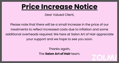 Beauty Salon Price Increase Sign